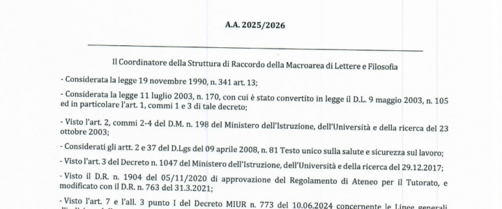 Pubblicato bando tutor 2025-2026. Scadenza domande 28 maggio 2026